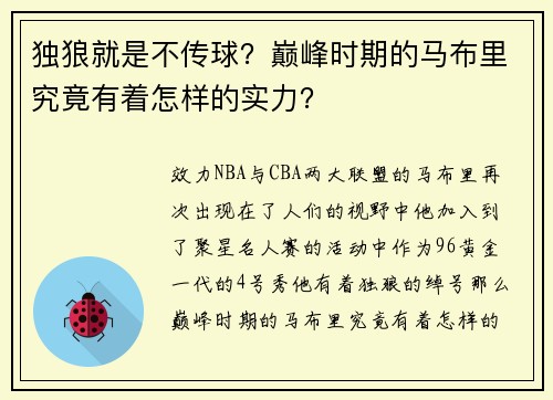 独狼就是不传球？巅峰时期的马布里究竟有着怎样的实力？